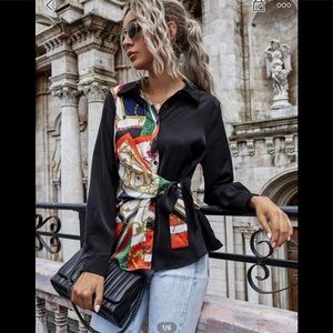 NEW! SCARF AND CHAIN PRINT SIDE TIE BLOUSE